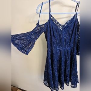 Navy lace flounce sleeve dress